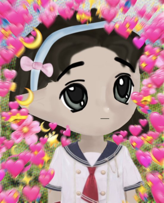 An anime-style illustration of a girl with large eyes wearing a sailor uniform and a blue headband, surrounded by a border of pink hearts, flowers, and crescent moon decorations.