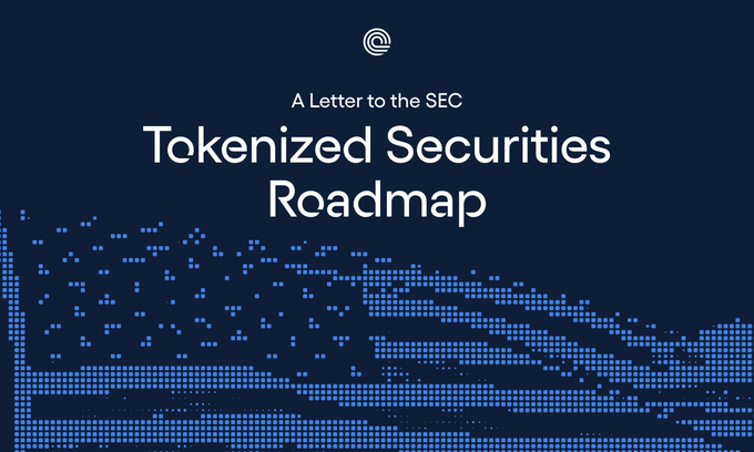The image is a dark blue graphic featuring a pixelated wave pattern at the bottom and the white text "A Letter to the SEC" above the larger headline "Tokenized Securities Roadmap," alongside Ondo's circular logo at the top. It visually represents Ondo's recent advocacy effort, as the image corresponds to their comment letter urging the SEC to modernize transfer-agent rules to enable blockchain-based handling of tokenized securities.