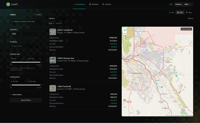 A screenshot of the LienFi marketplace interface showing real estate lien listings in Texas, including properties in El Paso and Horizon City with listing prices, redemption values, and a map of the area.