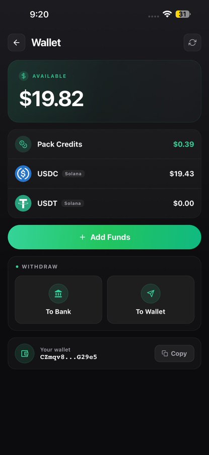A screenshot of a mobile Wallet screen showing an available balance of $19.82, consisting of $0.39 in Pack Credits, $19.43 in USDC (Solana), and $0.00 in USDT (Solana), with the user's wallet address beginning with "C2mqy8..." displayed at the bottom. This image serves as proof of winnings from the Phygitals app promotion mentioned in the post, demonstrating that the user earned money by spinning with a free $1 pack.
