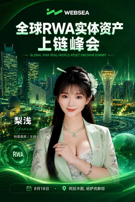 A promotional poster for the 'GLOBAL RWA REAL-WORLD ASSET ONCHAIN SUMMIT' by WEBSEA, featuring an Asian woman named Grace (梨浅), with the event scheduled for August 18 in Almaty, Kazakhstan.