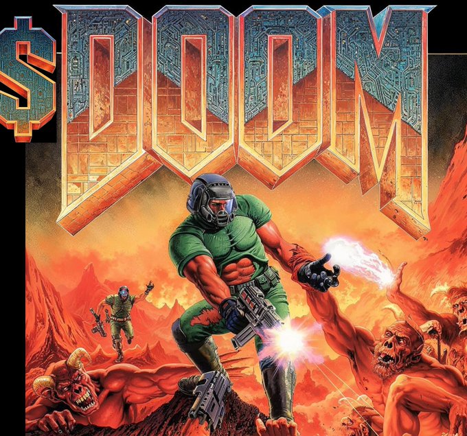 Vintage-style cover art for the classic video game "DOOM," featuring the iconic green-armored space marine firing an assault rifle while battling demonic creatures on a fiery, hellish landscape, paired with a promotional post announcing $DOOM's arrival on Solana.