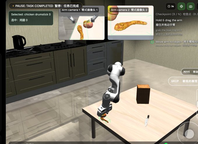 A screenshot from a robotics simulation interface showing a robotic arm in a kitchen environment with a 'PAUSE: TASK COMPLETED' message, displaying 'Arm camera 1' and 'Arm camera 2' feeds showing a chicken drumstick and an apple.