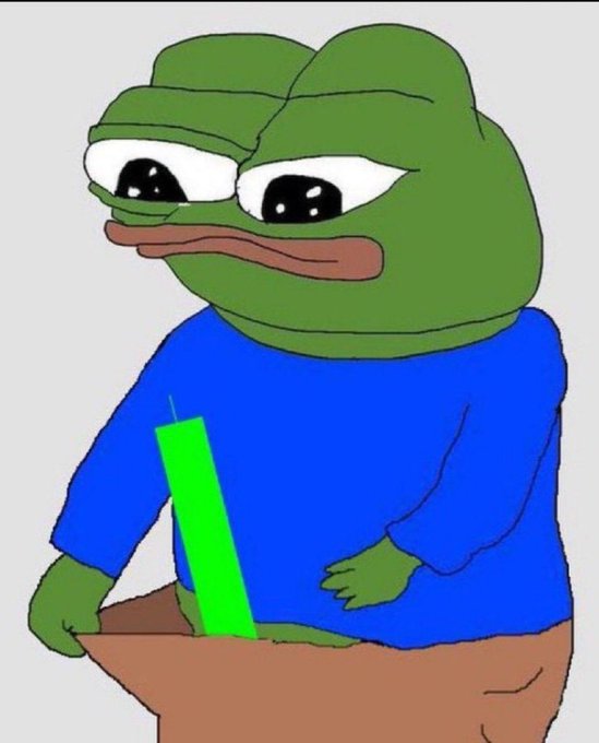 A cartoon drawing of a sad-looking green frog wearing a blue sweater, holding a green rectangular object.