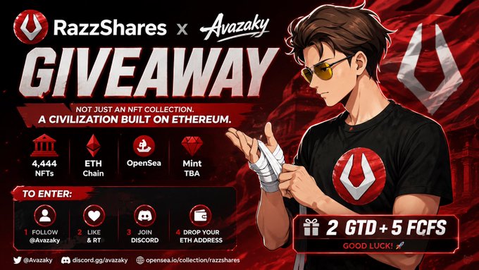 The image features a poster for an event called "RazzShares x Avazaky Giveaway". The poster includes a cartoon of a man wearing sunglasses, holding a pair of gloves, with the text "Not just an NFT collection. A civilization built on etherium." and "4,444 NFTs ETH Chain OpenSea Mint: TBA To enter: Follow @Avazaky X @Razzshares Like & RT Join Discord Drop your ETH address 2 GTD + 5 FCFS Good luck!". The poster also includes a link to the event's website.
