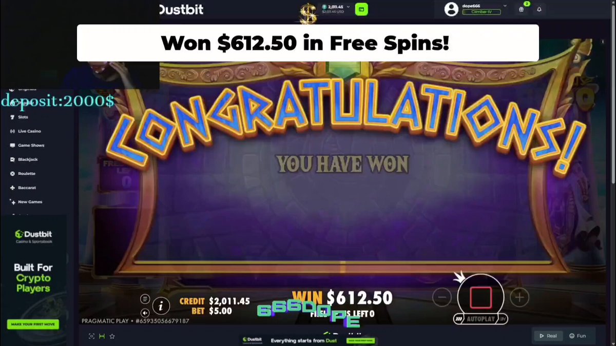 The image appears to be a screenshot of a casino or sportsbook page featuring a congratulatory message for someone who has won $6250 in free spins! The text at the top reads "Congratulations!", followed by an exclamation point, with congratulations on their win displayed below it. There is no visible text outside of this congratulatory message.