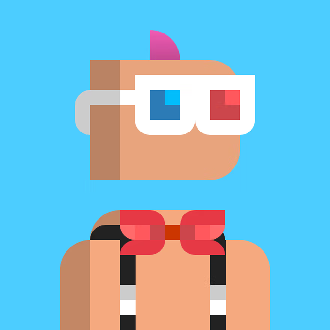 A pixel art illustration of a character with tan skin, a pink mohawk, 3D glasses (one blue, one red lens), and a red bowtie against a blue background.