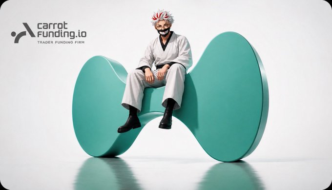 Promotional image for Carrot Funding.io, a trader funding firm, featuring a person in a white robe with face paint sitting on a large teal, abstract chair.