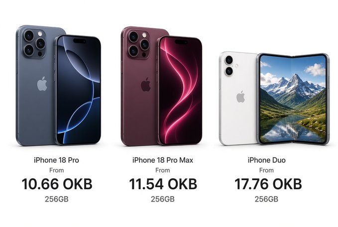 The image is a satirical crypto-themed advertisement showing fake "iPhone 18 Pro," "iPhone 18 Pro Max," and "iPhone Duo" priced in OKB cryptocurrency (10.66, 11.54, and 17.76 OKB respectively for 256GB models), poking fun at the post's suggestion that the author won't consider these a bargain until OKB reaches $1000 per coin.