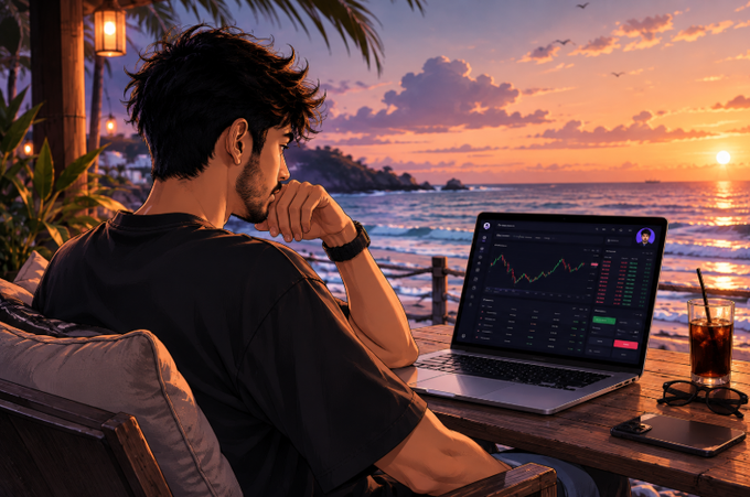 An illustration depicts a young man sitting by the ocean at sunset, looking at stock trading charts on his laptop with an iced drink beside him.