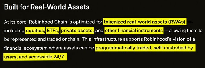 The image shows a highlighted excerpt from Robinhood Chain documentation titled "Built for Real-World Assets," which states that the chain is "optimized for tokenized real-world assets (RWAs)—including equities, ETFs, private assets, and other financial instruments," supporting "programmatically traded, self-custodied by users, and accessible 24/7" assets.

This documentation supports the post's argument that $LFI (and similar assets) has a natural fit on Robinhood's chain, since Robinhood explicitly built its blockchain infrastructure to optimize for real-world asset tokenization—directly backing the author's "mega bullish" thesis.