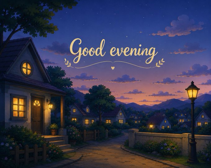 A charming illustrated village scene at twilight with lit windows, a streetlamp, and the text 'Good evening' displayed in elegant yellow script.