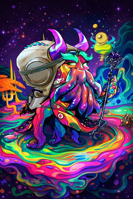 Vibrant psychedelic digital artwork depicting a colorful horned wizard-like creature with a staff and glowing orb standing on a swirling rainbow surface beneath a starry night sky.
