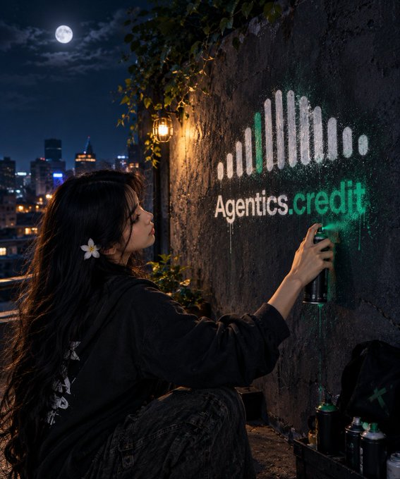 A digital artwork showing a young woman with long dark hair spray-painting 'Agentics.credit' along with an equalizer graphic in green and white on a wall at night, with a cityscape and full moon in the background.