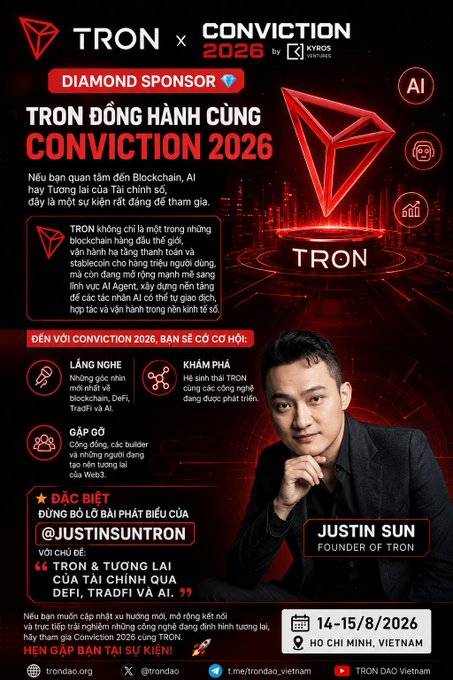 Promotional poster for 'CONVICTION 2026' featuring Justin Sun, Founder of TRON, as a Diamond Sponsor, scheduled for 14-15/8/2026 in Ho Chi Minh, Vietnam, with text in Vietnamese.