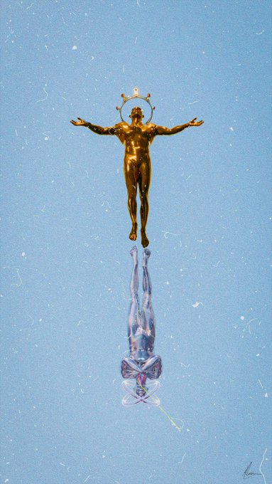 A golden humanoid figure with a halo floating in the sky above its reflective mirrored self, set against a light blue background.