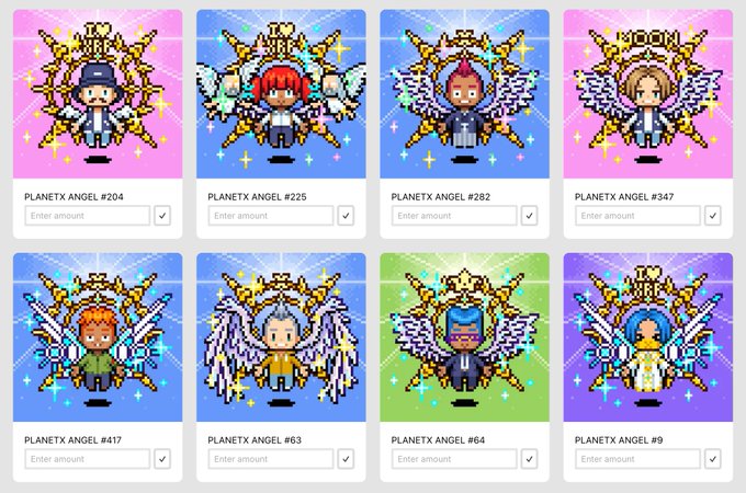 A grid of eight pixel-art NFT collectibles labeled 'PLANETX ANGEL' with numbered variants (#204, #225, #282, #347, #417, #63, #64, #9), each featuring a winged angel character against colorful backgrounds with amount input fields.