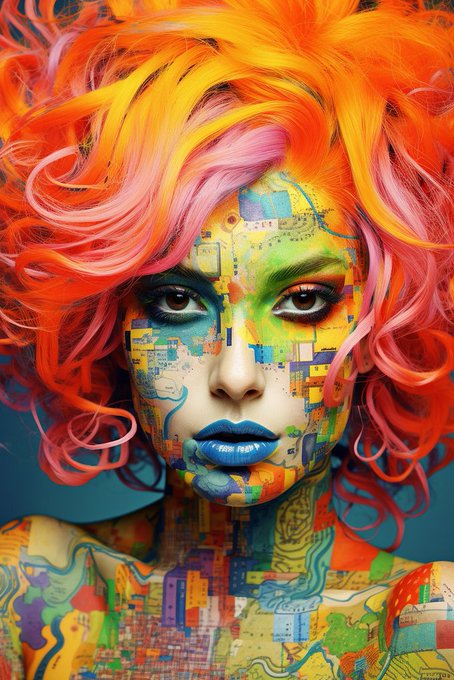 A vibrant portrait of a woman with fiery orange and pink curly hair, her face and body painted with a colorful, fragmented collage pattern resembling a digital or mosaic artwork. The caption relates to the post "Ge frens Please share Tezos art Buenos Aires @AtikoAE" by showcasing this striking digital art piece, likely highlighting creative expression from the Tezos art community in Buenos Aires.