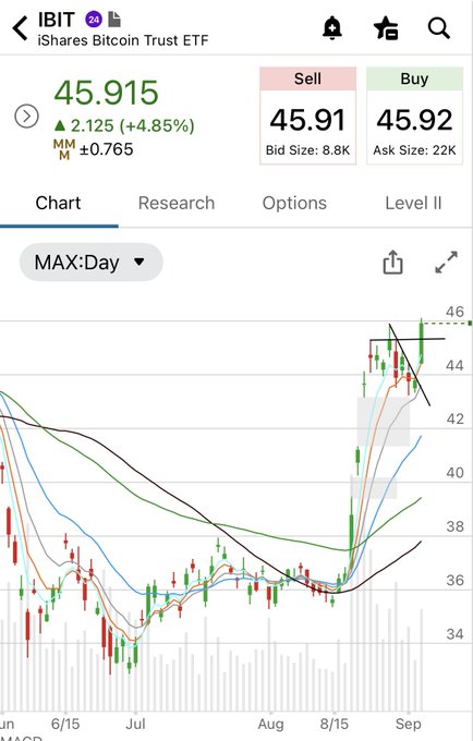 A stock chart for the IBIT iShares Bitcoin Trust ETF showing a current price of 45.915, up 2.125 (+4.85%), with a candlestick chart and moving averages visible.
