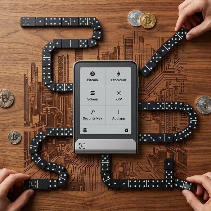 A hardware cryptocurrency wallet device displaying options for Bitcoin, Ethereum, Solana, XRP, Security Key, and Add app, surrounded by crypto coins and connected by stylized black blockchain links.