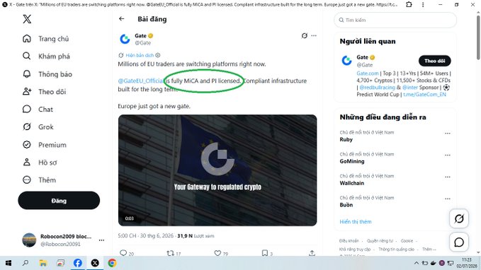 The image shows a tweet from Gate (@Gate) promoting that "Millions of EU traders are switching platforms right now," highlighting Gate.eu as a MiCA-licensed and PI-licensed compliant infrastructure, with a preview image captioned "Your Gateway to regulated crypto." This relates to the post by emphasizing the importance of regulatory licensing (like MiCA) for crypto exchanges to operate in Europe, suggesting Pi Network would need similar KYB/MiCA compliance to be listed.