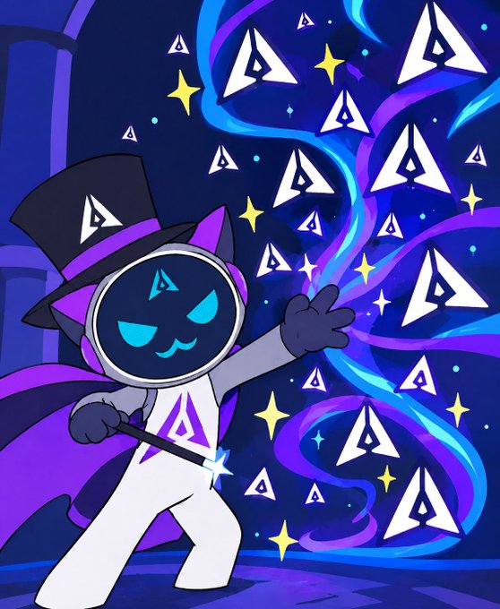 An illustration of a stylized character wearing a top hat with a triangular symbol, dressed in a white suit and cape, holding a staff while magical energy swirls around them in shades of blue and purple.