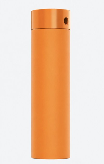 An orange cylindrical aerosol spray can with a matching cap and a small nozzle hole, shown against a plain white background.