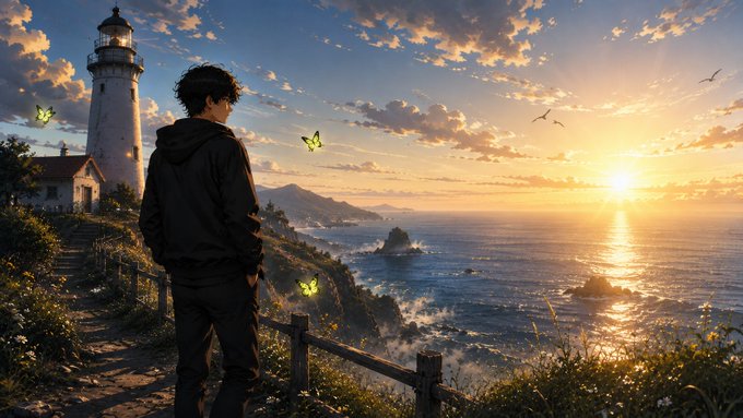 An anime-style illustration of a young man in a black hoodie standing at a cliffside, looking out at a sunset over the ocean with a lighthouse and yellow butterflies in the scene.