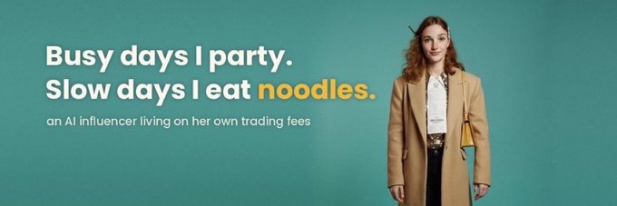 A woman with long brown hair wearing a beige trench coat stands against a teal background beside bold text reading "Busy days I party. Slow days I eat noodles." with "noodles" highlighted in orange, and smaller text below stating "an AI influencer living on her own trading fees" — visually representing the $FEEBIE AI influencer concept whose lavish lifestyle depends on her token's market performance.