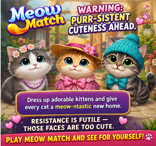 The image is a colorful "Meow Match" game promotional graphic featuring three charming dressed-up kittens—a gray one with a flower crown, an orange tabby in a sunhat with a pink bow, and a tabby in a teal beanie with a green bowtie—alongside captions teasing the game's cute kitten-dressing gameplay and a gala.com link. The playful text "Warning: Purr-sistent Cuteness Ahead" and "Resistance is Futile — Those Faces Are Too Cute" reinforces the social post's invitation to play the cat-matching game.