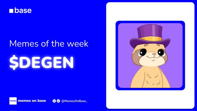 The image features a meme of an animal wearing a purple top hat, which appears to be $DEGEN. This is likely intended to be humorous or playful, given the pun. The text below the meme mentions that it belongs to @base and emphasizes that this week's Meme of the Week is about $DEGEN, who has been gaining significant attention due to its massive increase in popularity over the past 7 days.