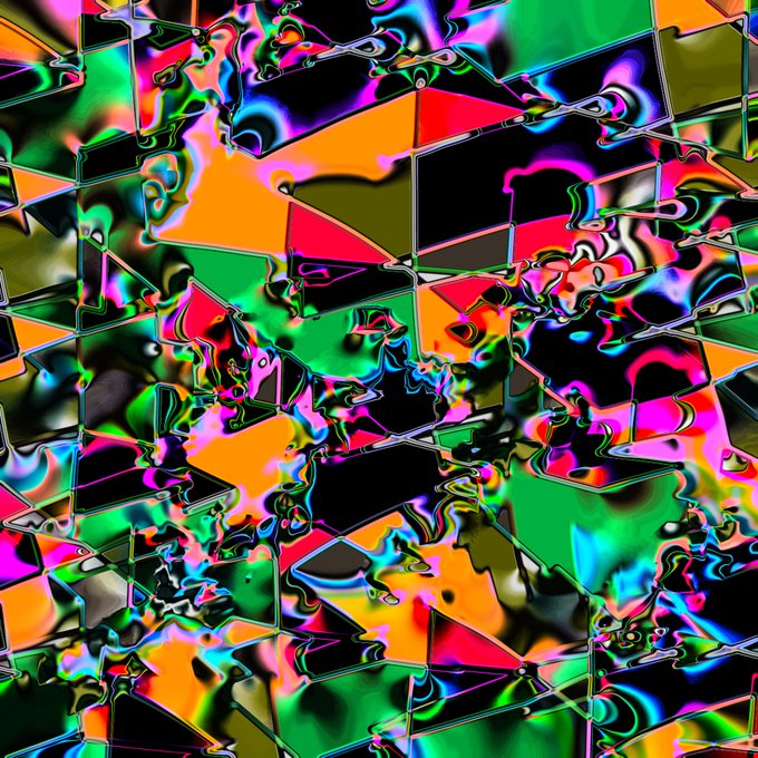 An abstract digital artwork composed of chaotic, colorful, reflective geometric shapes in vivid greens, oranges, pinks, and blues.