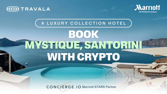 An advertisement for Travala and Marriott International showing 'BOOK MYSTIQUE, SANTORINI WITH CRYPTO' over a background of a Santorini infinity pool overlooking the sea, with Concierge.io noted as a Marriott STARS Partner.