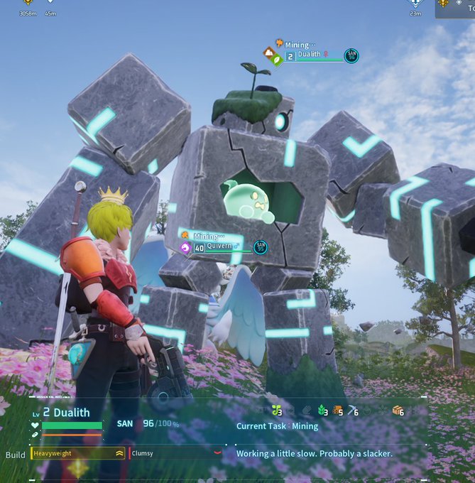 A player character with a crown and a pal named "Quivern" (Level 40, Mining level 1) stands before a large rock golem named "Dualith" (Level 2) whose Mining skill is also level 1, humorously contradicting the "Mining 6" claim in the caption since both visible creatures show only Mining level 1.
