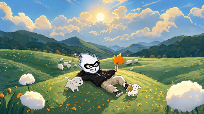 A cartoon character wearing a Guy Fawkes mask relaxing in a sunny green meadow with sheep, dogs, and an autumn maple leaf, with an account handle '@awesome' at the bottom.