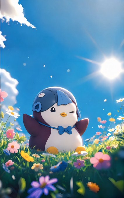 A cute cartoon penguin character wearing a blue bow tie standing in a colorful flower-filled meadow under a bright sunny sky.