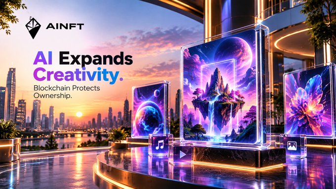 An advertisement for 'AiNFT' features the tagline 'AI Expands Creativity. Blockchain Protects Ownership' against a futuristic cityscape with floating digital artwork displays.