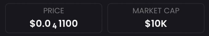 The image shows a memecoin's market data with a price of $0.041100 and a market cap of $10K. This aligns with the post's claim of a low-cap gem, which the author is promoting by referencing past successful calls like $VLAD (157x), $ANSEM (827x), $JIMOTHY (162x), and $PONS (342x), and teasing the contract address to commenters who say "ME."