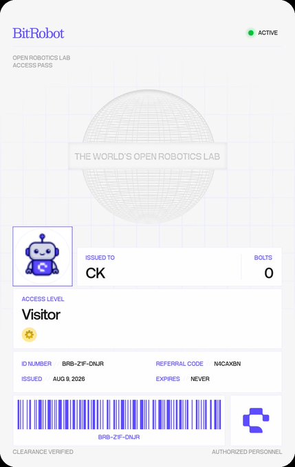 A digital access pass from 'BitRobot' for the 'Open Robotics Lab', issued to 'CK' as a 'Visitor' with ID number BRB-ZIF-0NJR.