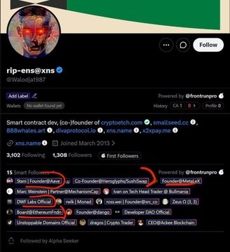 A Twitter profile for 'rip-ens@xns' (@Walladia1987) shows 3,102 Following, 1,308 Followers, with a list of crypto-related accounts followed, including 'FounderMakiAX' highlighted with a red arrow.