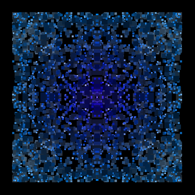 A symmetrical blue and black mosaic or kaleidoscopic pattern.