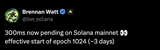 A screenshot of a tweet from verified Solana executive Brennan Watt (@bw_solana) announcing that "300ms now pending on Solana mainnet, effective start of epoch 1024 (~3 days)," aligning with the post's reporting on SIMD-0525's rollout to reduce slot times.
