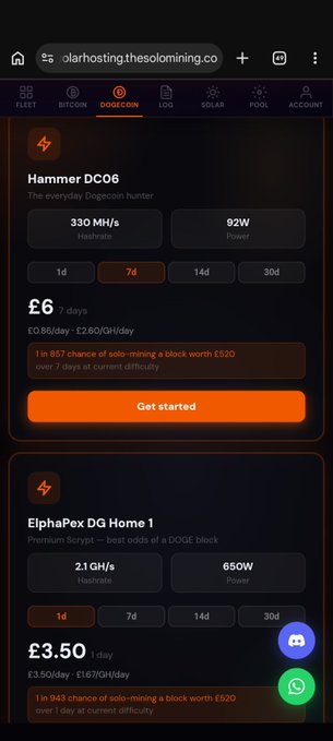 A mobile screenshot of a Dogecoin mining platform showing two plans: Hammer DC06 for £6/7 days with 330 MH/s and 92W power, and ElphaPex DG Home 1 for £3.50/1 day with 2.1 GH/s and 650W power.