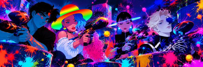 A colorful, stylized anime-style illustration featuring four characters with neon blue and pink accents, paint splatters, and vibrant glowing lights.