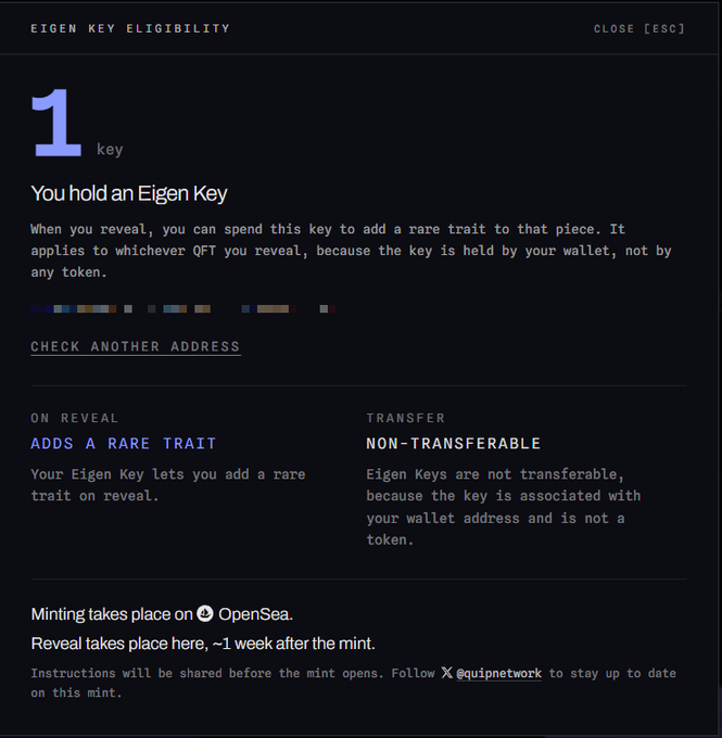 A dark-themed UI screen titled 'EIGEN KEY ELIGIBILITY' showing '1 key' held, explaining it adds a rare trait on reveal via OpenSea, and that Eigen Keys are non-transferable.