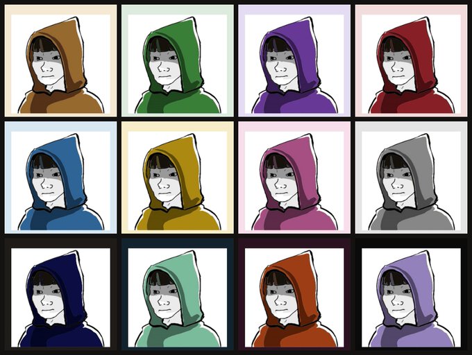 A grid of twelve identical cartoon portraits of a person in a hooded sweatshirt, each shown in a different color (brown, green, purple, red, blue, yellow, pink, gray, dark blue, teal, orange, and lavender).