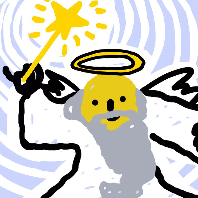 A simple digital drawing of a smiling figure with a yellow face, halo, wings, and gray robe, holding up a yellow magic wand with a star, set against a swirly light blue and white background.