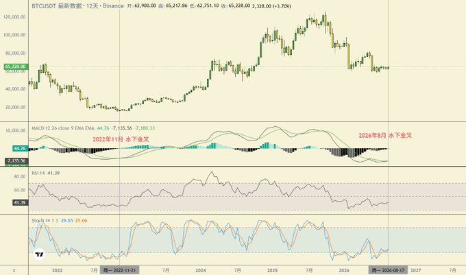 A BTCUSDT weekly chart on Binance shows Bitcoin trading at $65,228 (+3.70%) with a MACD bullish crossover highlighted on August 2026 ("水下金叉"), preceding a prior bearish crossover in November 2022 ("水下死叉"), alongside RSI at 41.39 and Stochastic at 25.06/29.65. The chart visually supports the post's claim that Bitcoin has already crossed above its moving average on the larger timeframe, suggesting the long-awaited final dip opportunity may have passed.