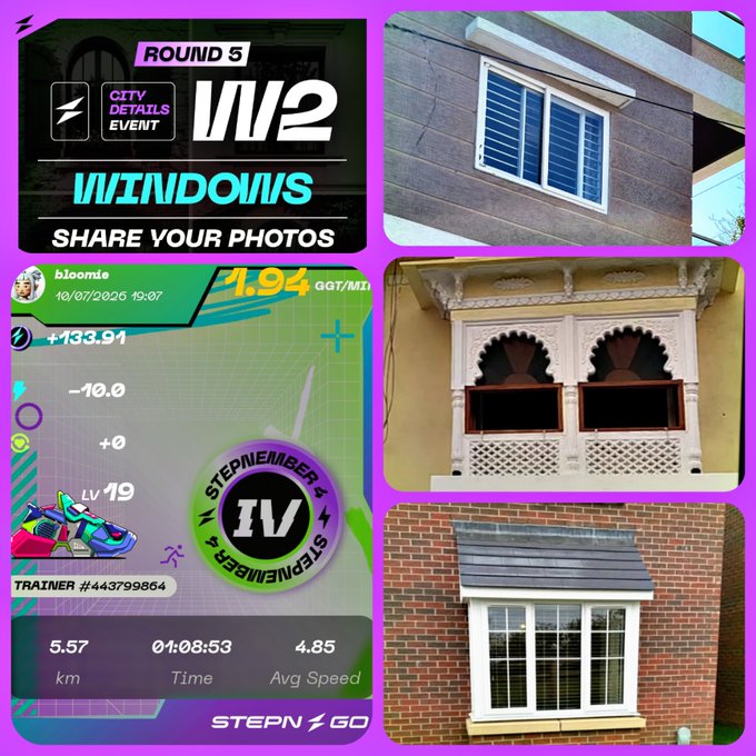 A promotional image for STEPN GO featuring 'ROUND 5 W2 WINDOWS CITY DETAILS EVENT' alongside three photographs of different house windows.