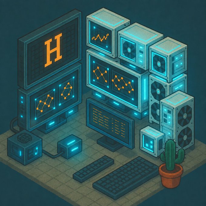 An isometric pixel art rendering of a retro computer setup featuring multiple monitors and tower servers displaying data visualizations, network diagrams, and the orange "H" logo for HYPE, alongside a potted cactus on a tiled surface. The image visually reinforces the post's announcement of the HYPE MACHINES public mint on OpenSea, depicting the "machines" as a futuristic, cryptocurrency-themed workstation.